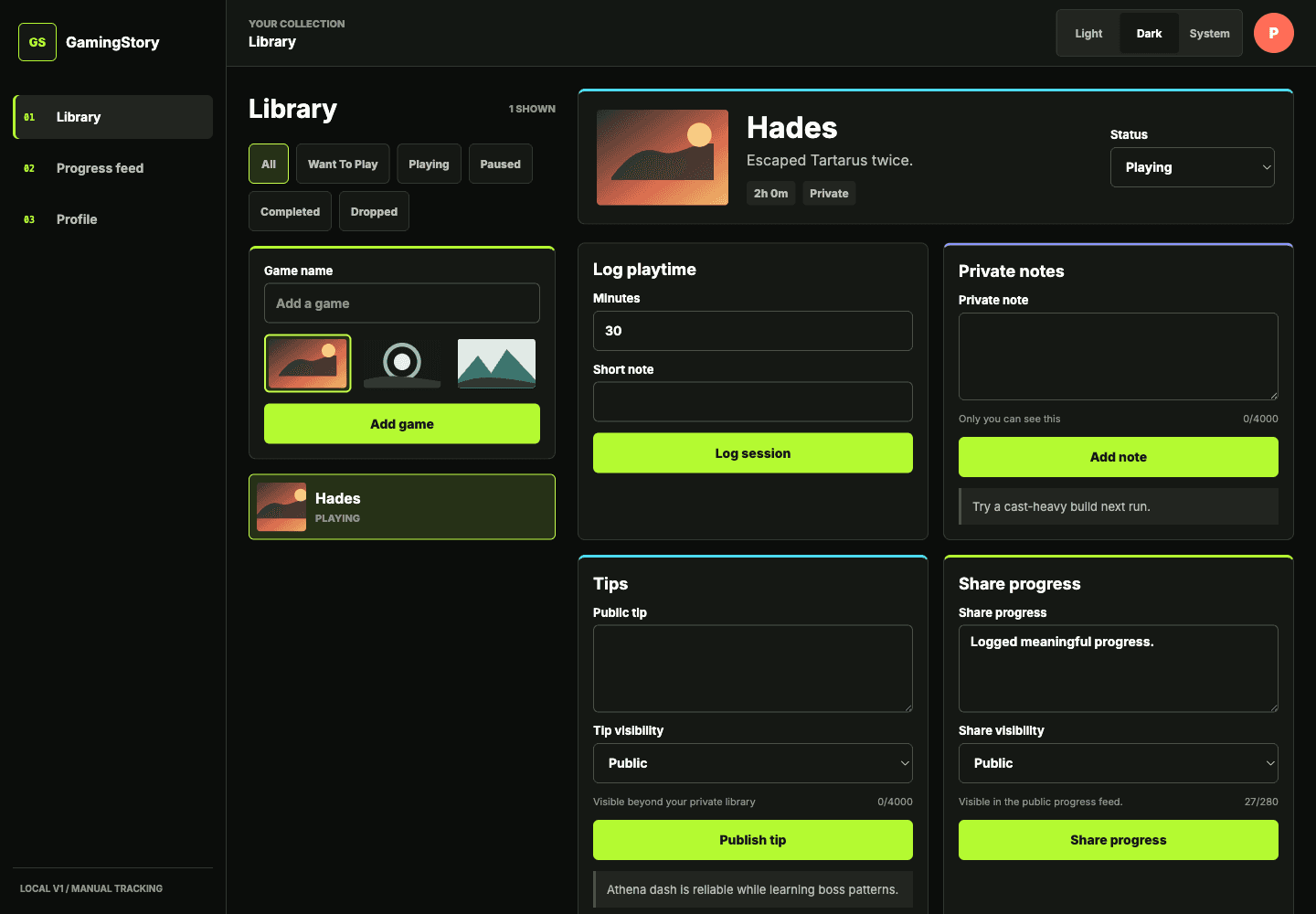GamingStory desktop library with game cards, filters, and backlog navigation