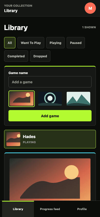 GamingStory mobile library showing the responsive game backlog